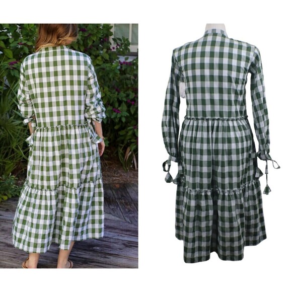 LJC Designs Bellagio Cotton Green Gingham Plaid Peasant Midi NEW Pullover Dress - Picture 10 of 10